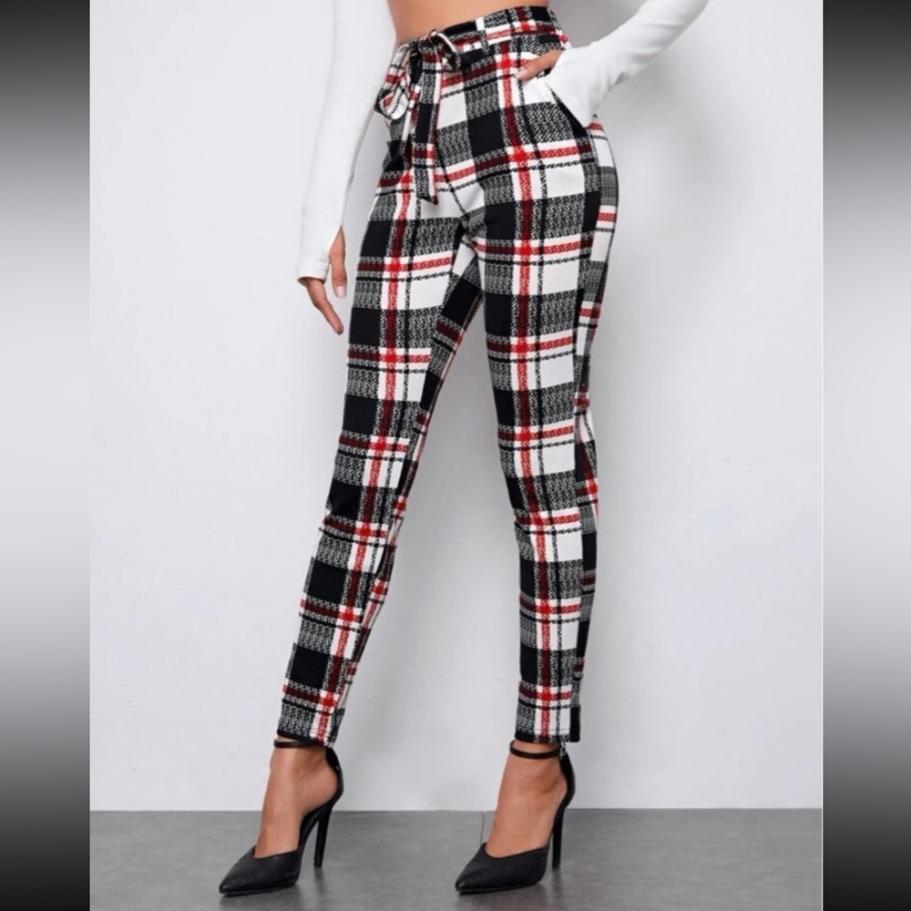 Self Belted Plaid Skinny Pants